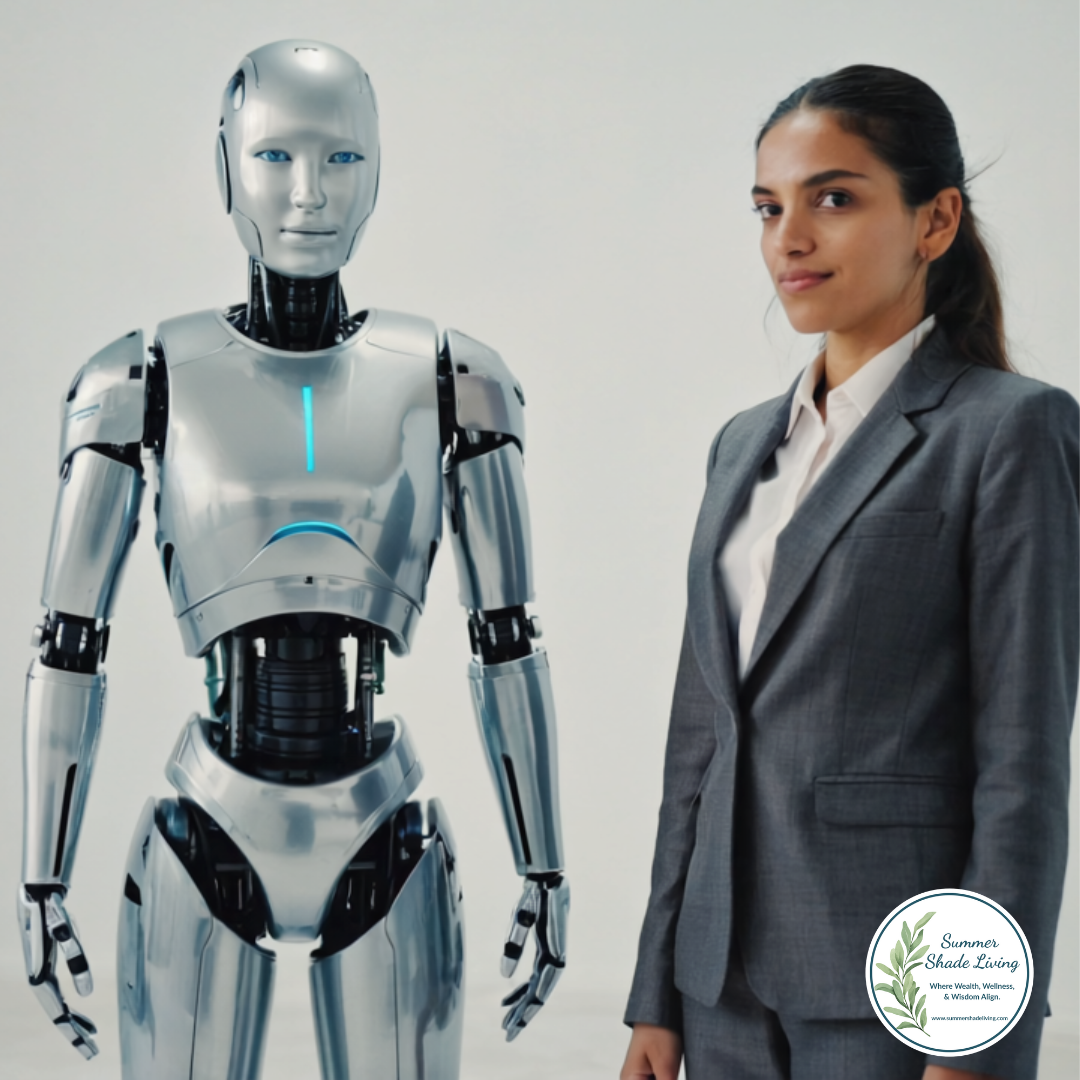 A professional woman in a business suit standing beside a silver humanoid robot, symbolizing AI automation for small business and the collaboration between humans and technology. The Summer Shade Living logo appears in the corner.