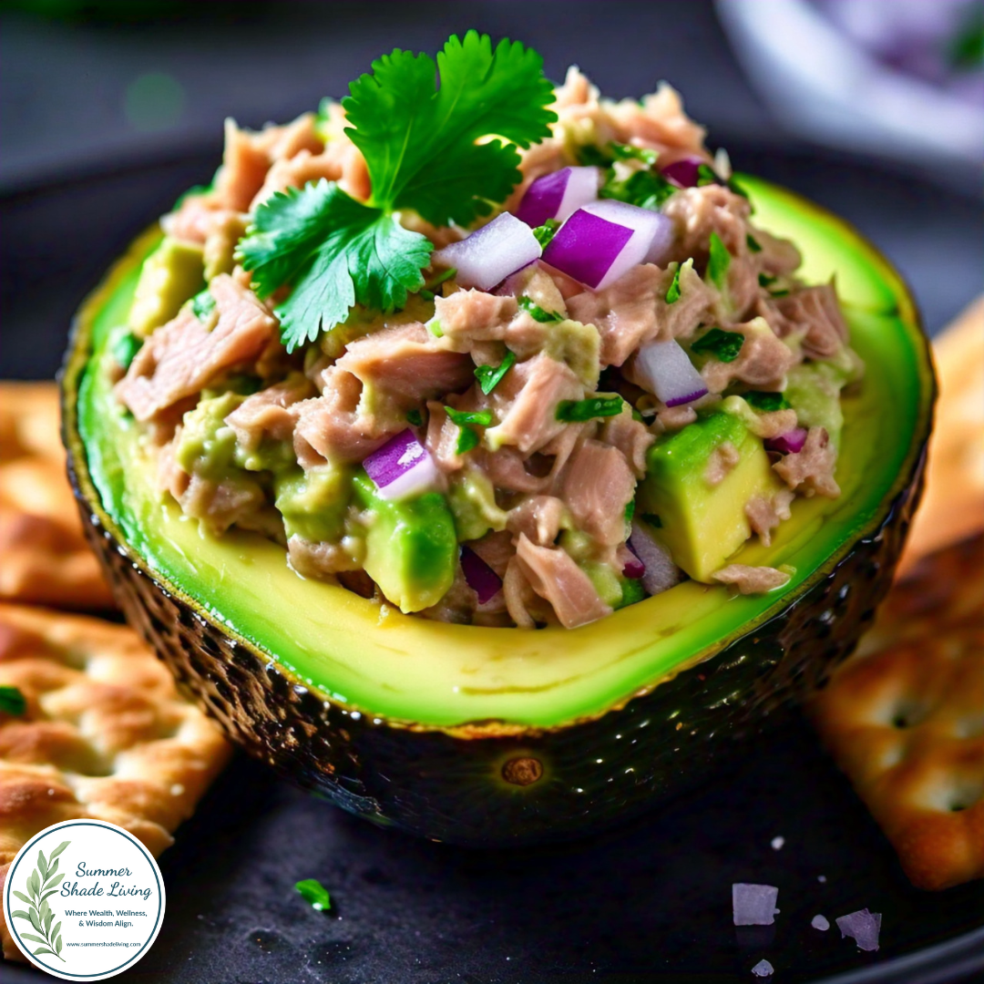 Close-up of halved avocados filled with creamy tuna salad, garnished with parsley and red onion, served on a dark plate with crispy crackers. A healthy, high-protein, low-carb meal perfect for a quick lunch or snack.