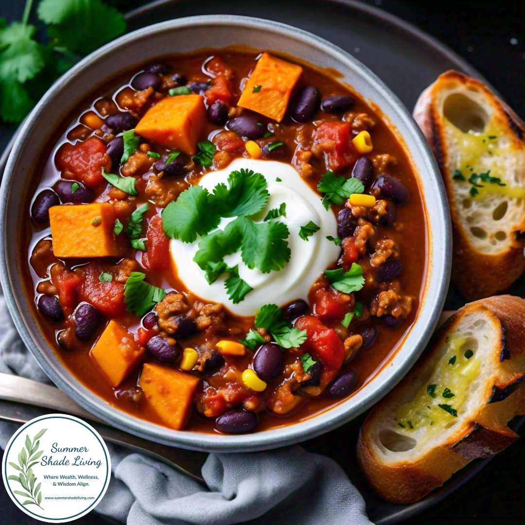 A hearty bowl of sweet potato and black bean chili topped with Greek yogurt and fresh cilantro, served with toasted artisan bread and a sprig of parsley on a rustic wooden table. Summer Shade Living logo in the corner.