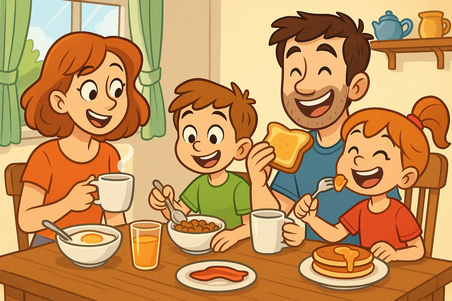 Cartoon family , dressed in colorful t-shirts, around the breakfast table