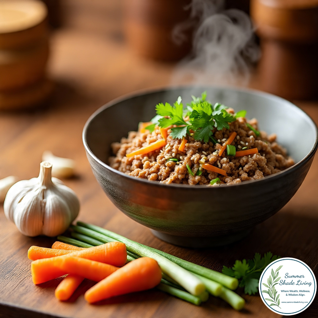 Steaming bowl of keto egg roll stir fry featuring ground pork, julienned carrots, green onions, sesame seeds, and fresh cilantro, with garlic and vegetables on a wooden surface and the Summer Shade Living logo in the corner.