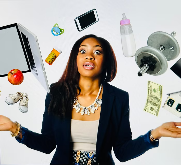 Stressed woman juggling motherhood, work, fitness, finances, and digital distractions—symbolizing burnout and the struggle to find balance and purpose in daily life.