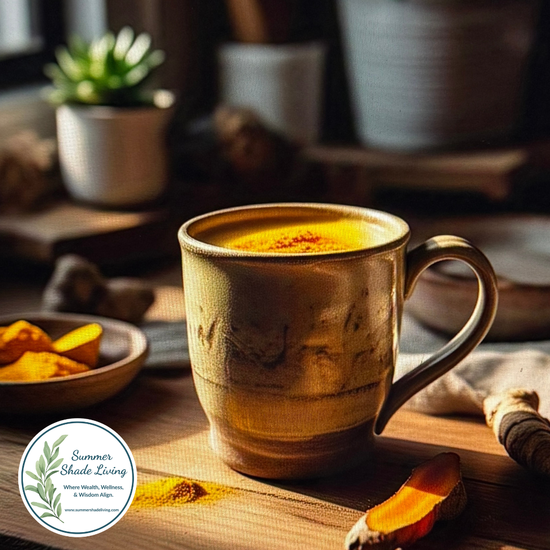 Warm ceramic mug filled with golden turmeric milk, topped with a dusting of spice, surrounded by fresh turmeric root and natural sunlight, with the Summer Shade Living logo in the corner.