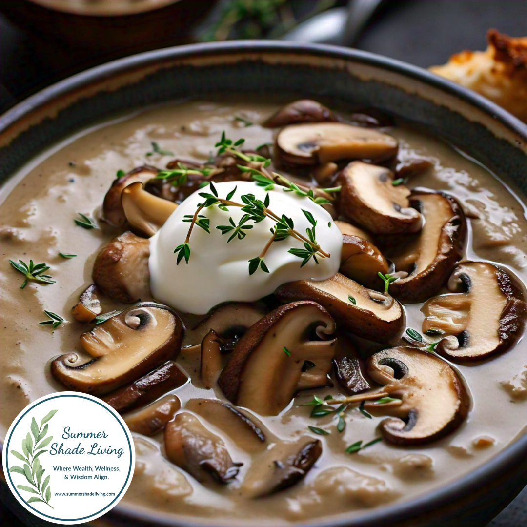 Creamy keto mushroom soup served in a rustic bowl, topped with sautéed cremini mushrooms, a dollop of sour cream, and fresh thyme, with the Summer Shade Living logo in the corner.