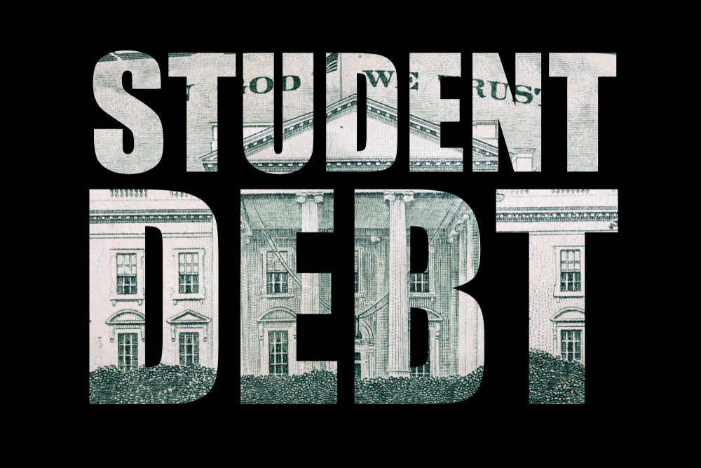 Student debt concept with U.S. currency background, highlighting the financial burden of college education.