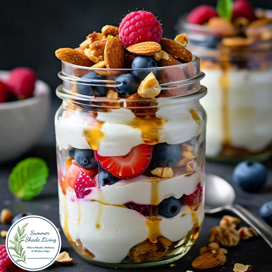 Layered Greek yogurt parfait with mixed berries, chopped nuts, and chia seeds in a glass jar, garnished with a fresh raspberry and mint—set on a dark surface with a second parfait in the background.