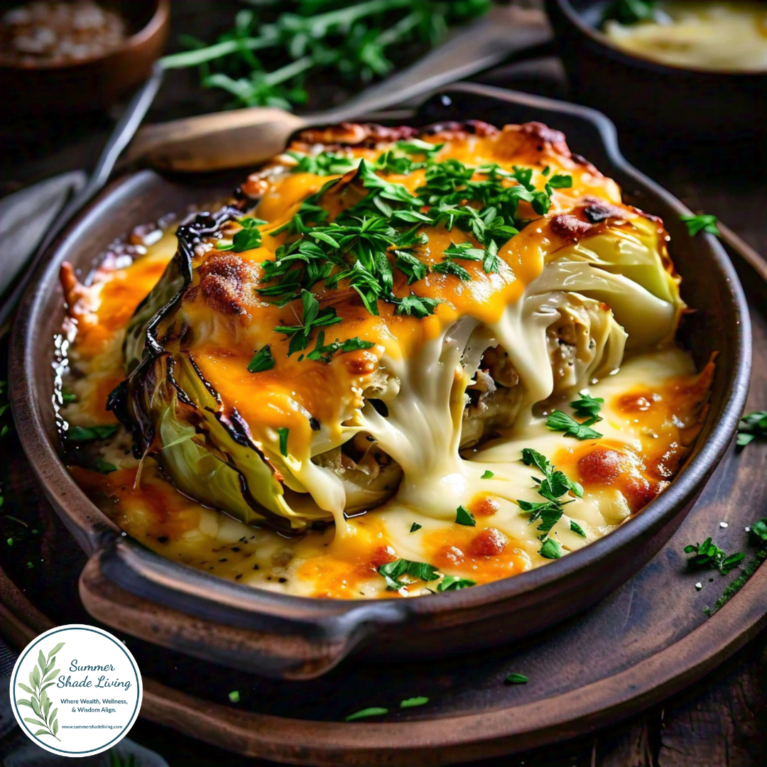 Rustic ceramic dish with oven-baked cabbage burgers featuring roasted cabbage steaks layered with melted cheddar and mozzarella cheese, garnished with chopped parsley; cheese is visibly gooey and golden, creating a cozy, low-carb comfort meal.