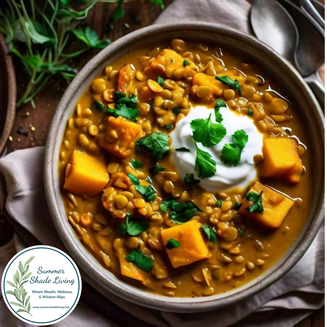 A rustic bowl of golden pumpkin lentil curry topped with a dollop of coconut yogurt and fresh cilantro, surrounded by herbs and a linen napkin, with the Summer Shade Living logo in the corner.