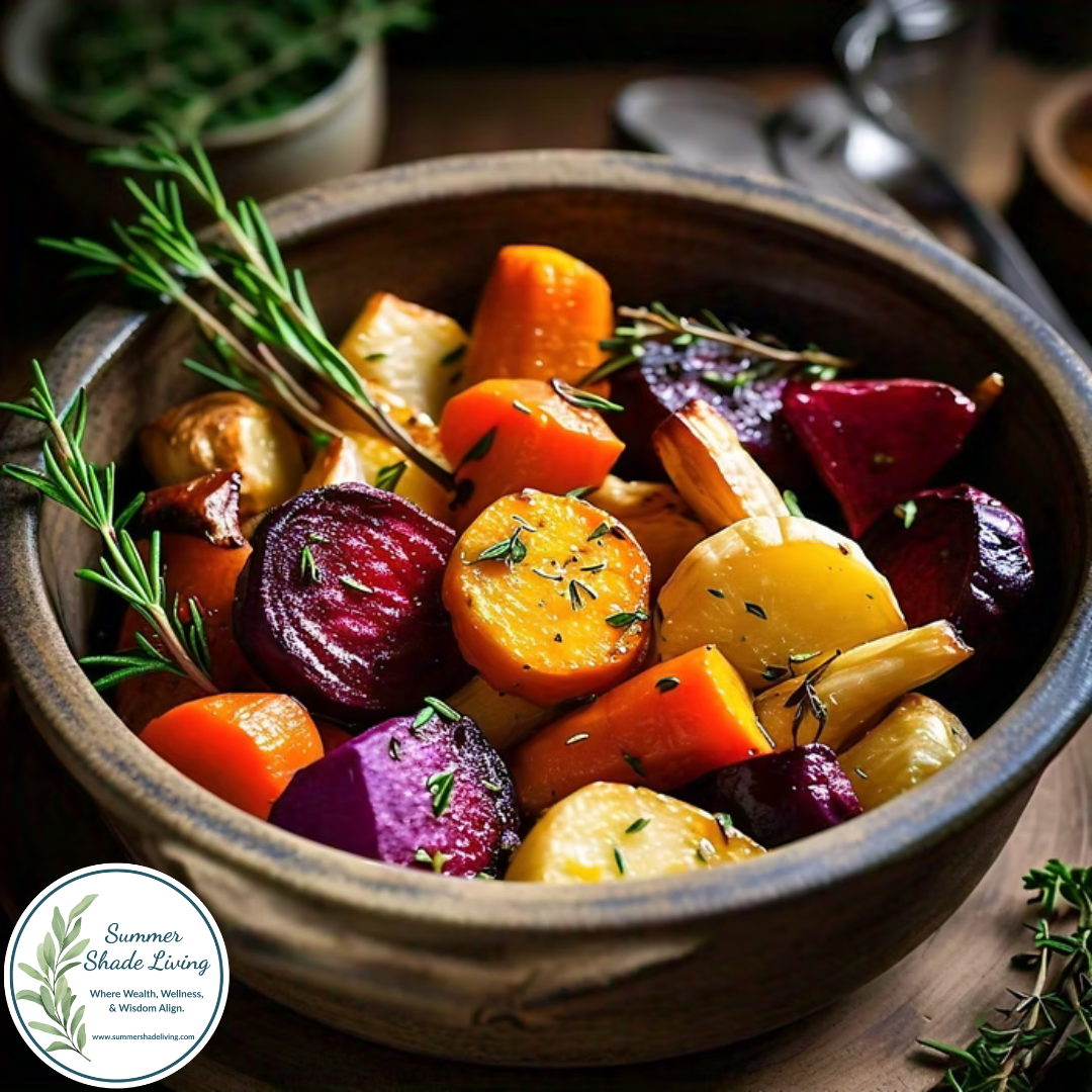 A rustic wooden bowl filled with roasted root vegetables including golden sweet potatoes, purple beets, orange carrots, and pale parsnips, garnished with fresh rosemary and thyme sprigs, showcasing a vibrant and nourishing autumn side dish.