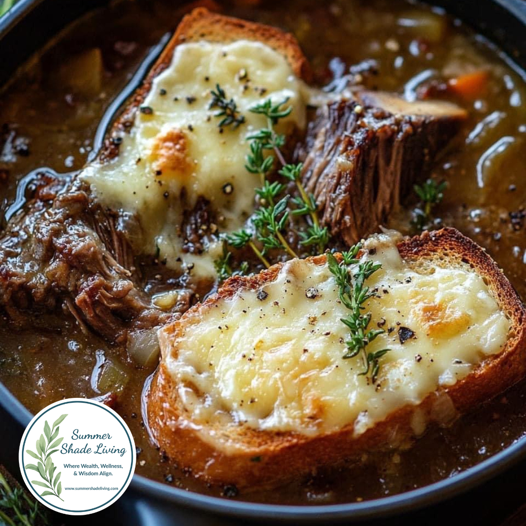 A rich bowl of French onion soup topped with tender shredded short ribs and crispy baguette slices smothered in melted golden Gruyère cheese, garnished with fresh thyme sprigs, served in a dark ceramic bowl with the Summer Shade Living logo in the corner.