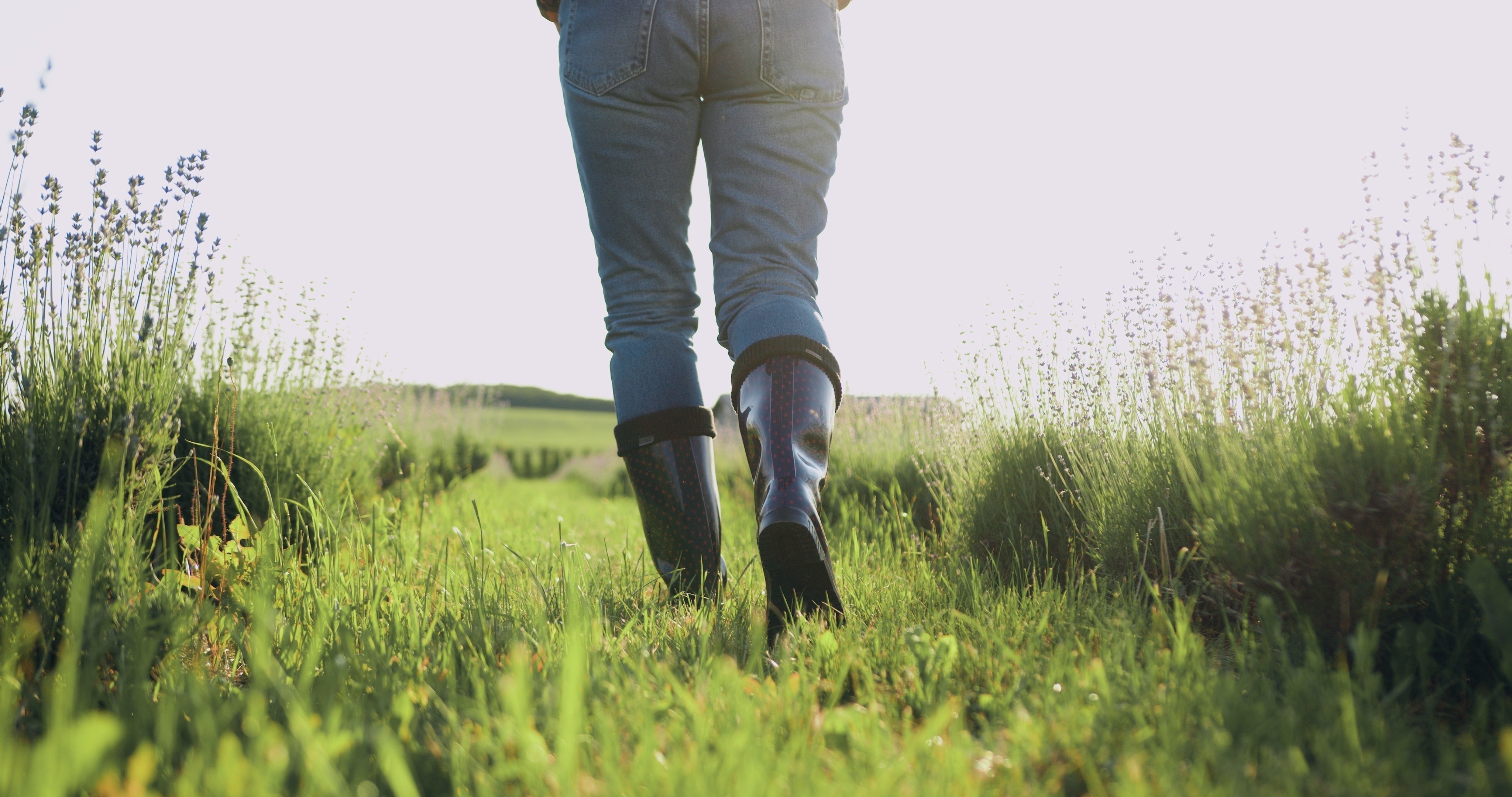 woman lower body pictured,  wearing jeans and rubber boots, walking through a green field
