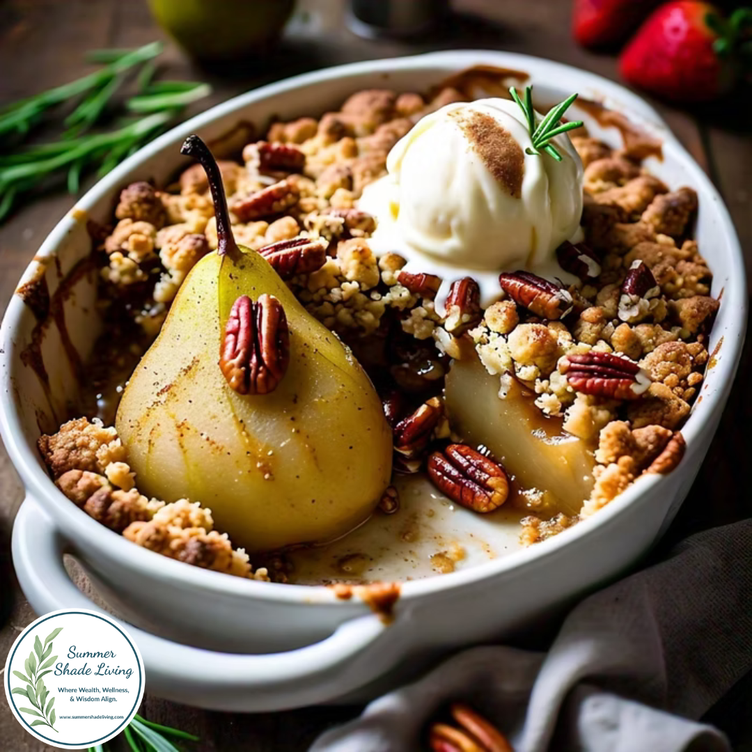 A rustic white baking dish filled with a warm spiced pear crumble, topped with toasted pecans and a scoop of vanilla ice cream garnished with a sprig of rosemary.