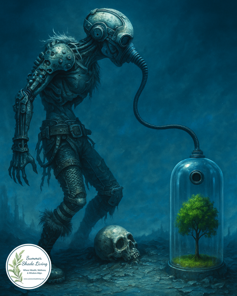 Digital illustration of a dystopian future where a person in survival gear breathes through a tube connected to a vibrant tree enclosed in glass, symbolizing environmental collapse, climate change urgency, and humanity’s dependence on nature.