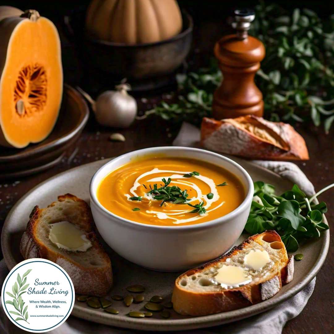 A warm bowl of creamy roasted butternut squash soup topped with fresh thyme and coconut milk swirl, served with artisan bread, butter, and pumpkin seeds on a rustic fall-themed table with herbs and seasonal squash in the background.