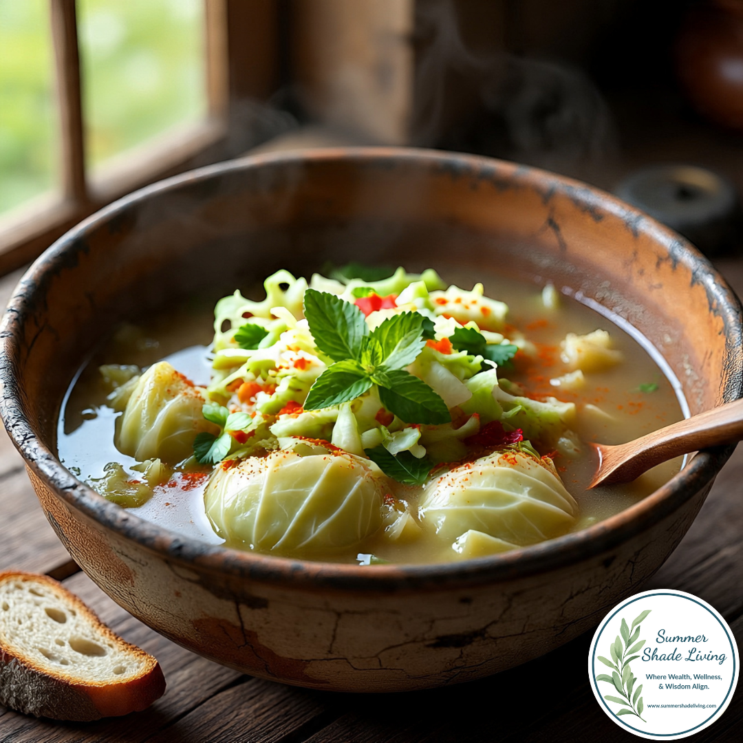 Rustic bowl of healing cabbage detox soup filled with tender cabbage leaves, fresh herbs, and a clear golden broth, garnished with mint and paprika, served beside a slice of crusty bread with the Summer Shade Living logo in the corner.