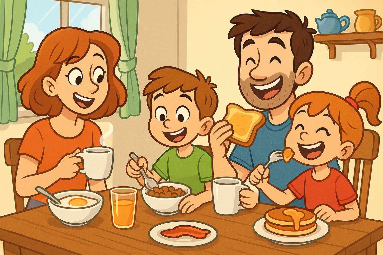 Cartoon family , dressed in colorful t-shirts, around the breakfast table