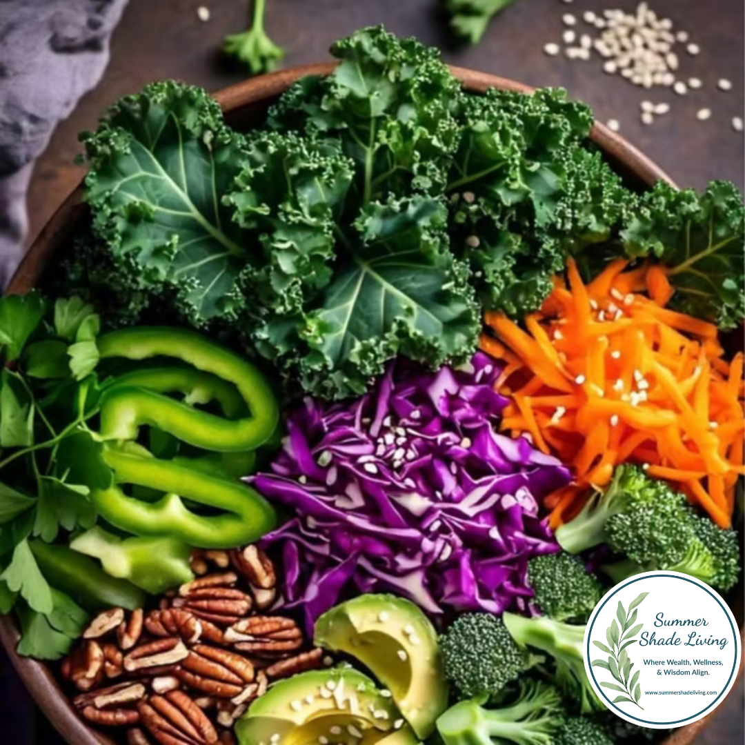Vibrant detox kale salad featuring fresh kale, shredded carrots, purple cabbage, green bell pepper, avocado, broccoli, pecans, and sesame seeds, arranged in a colorful bowl with the Summer Shade Living logo in the corner.