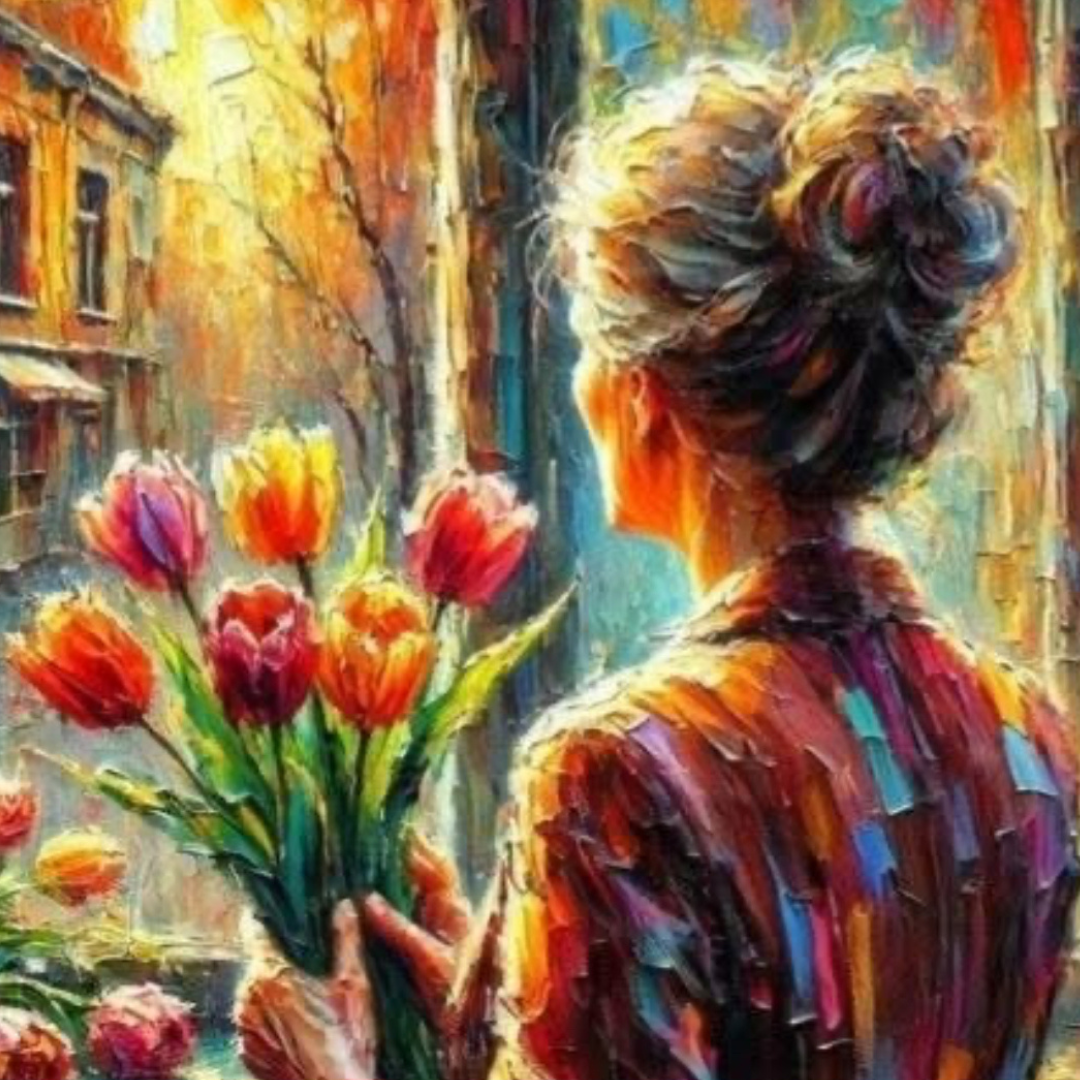 Colorful impressionist painting of an older woman holding a bouquet of tulips while looking out a sunlit window, symbolizing aging gracefully and vibrant living.