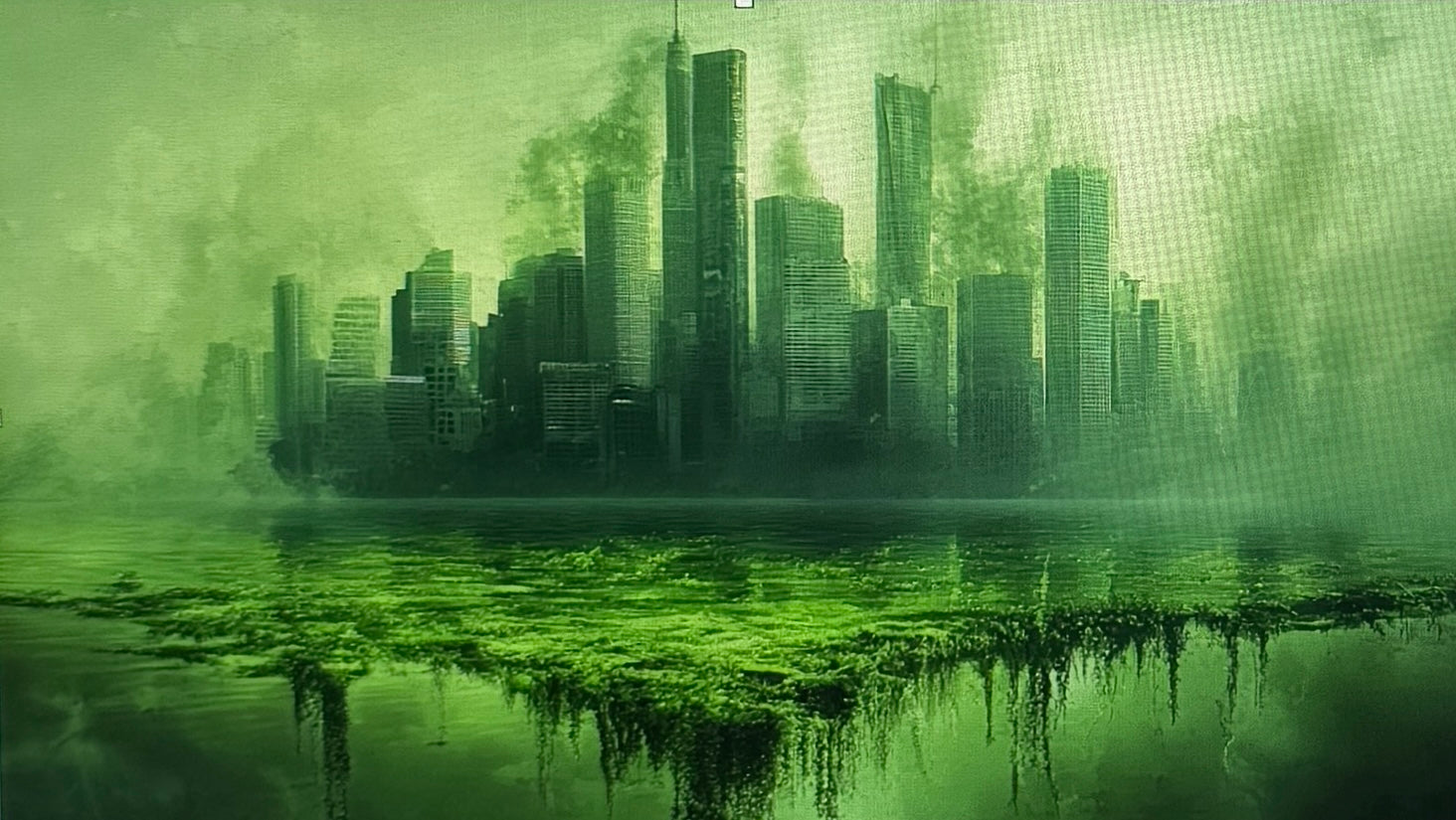 Smog-covered futuristic city skyline surrounded by toxic green haze and polluted water, symbolizing environmental destruction, industrial impact, and the dangers of greenwashing.