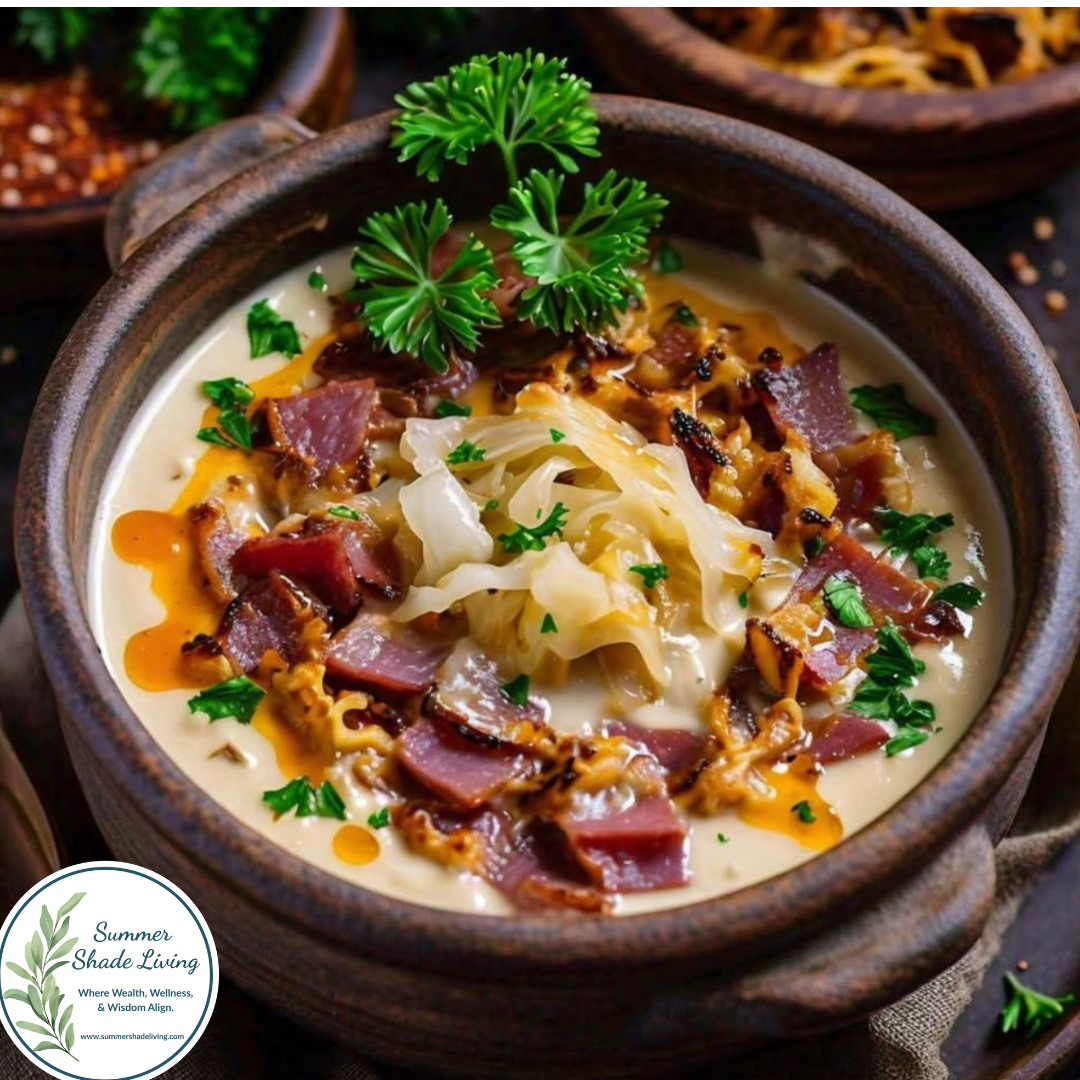Rustic bowl of creamy keto Reuben soup topped with chopped corned beef, sauerkraut, melted cheese, and fresh parsley, served warm with the Summer Shade Living logo in the corner.