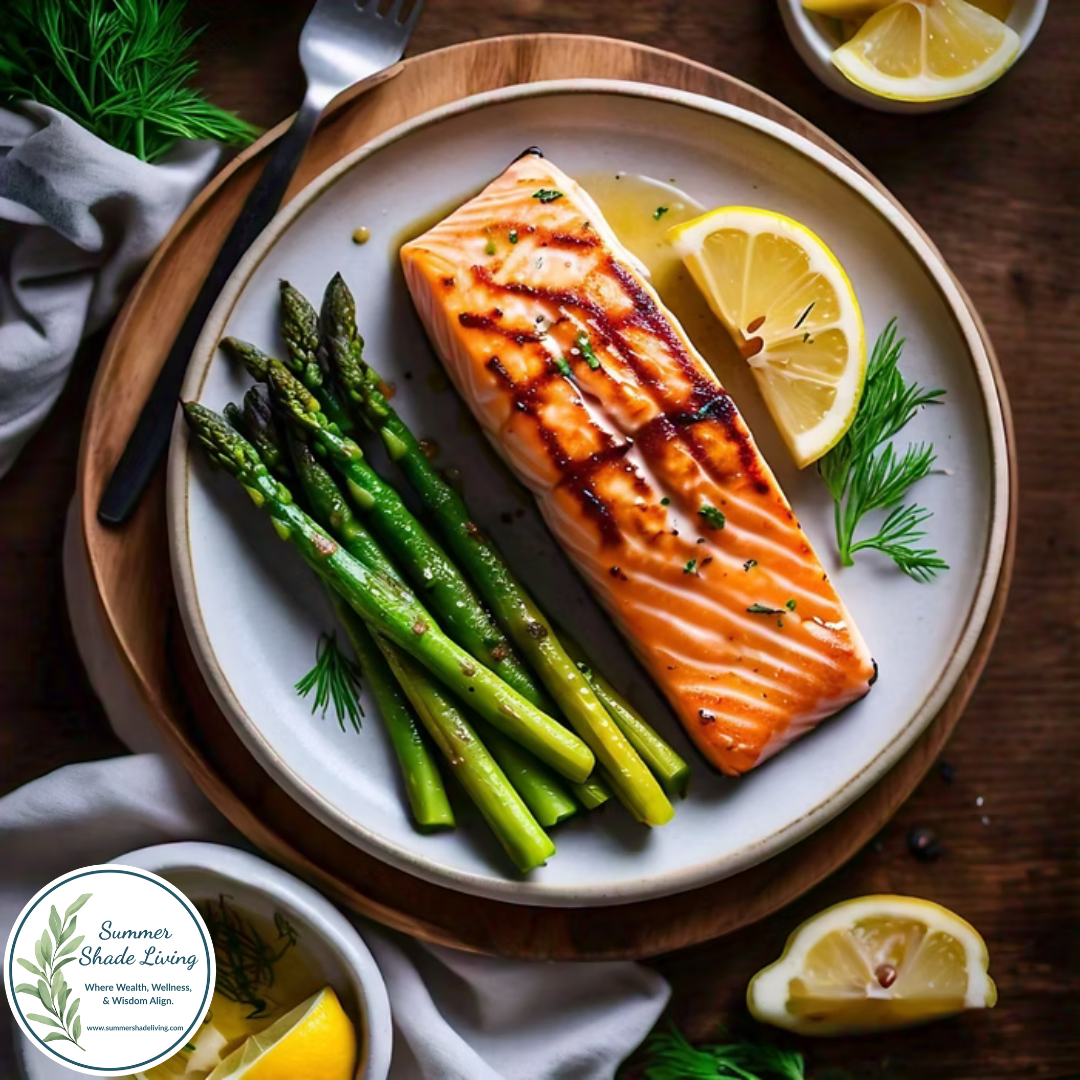 Grilled salmon fillet served with charred asparagus and lemon slices on a ceramic plate, garnished with fresh dill—an easy, clean, and flavorful low-carb meal perfect for healthy weeknight dinners.