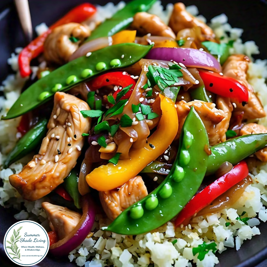 Colorful chicken stir-fry with bell peppers, onions, broccoli, and snap peas served over cauliflower rice in a dark bowl, garnished with parsley and sesame seeds