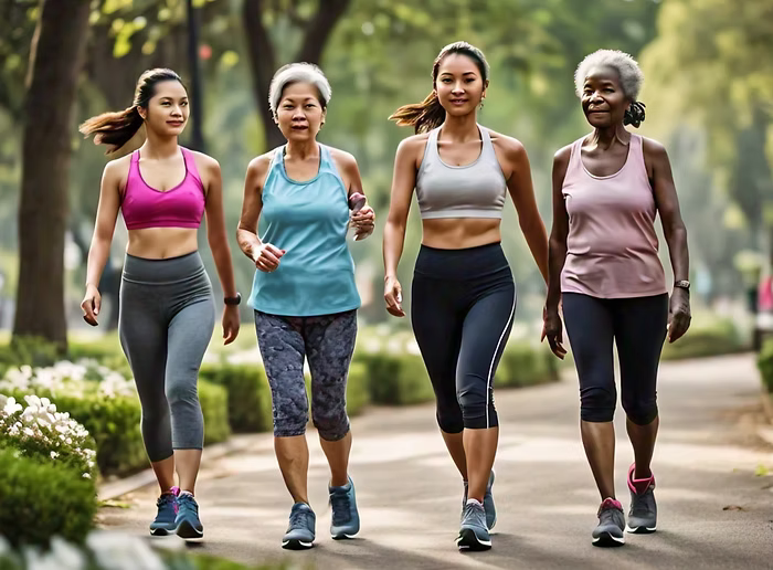 Diverse group of confident women over 40 walking outdoors in casual activewear, symbolizing wellness, friendship, and real-life weight loss success through sustainable habits.