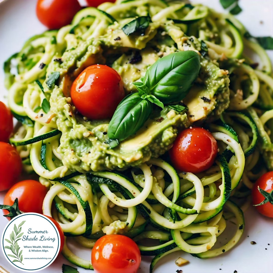 A white plate of zucchini noodles tossed in creamy avocado pesto, topped with halved cherry tomatoes, pine nuts, and fresh basil. A fresh and vibrant low-carb meal by Summer Shade Living.