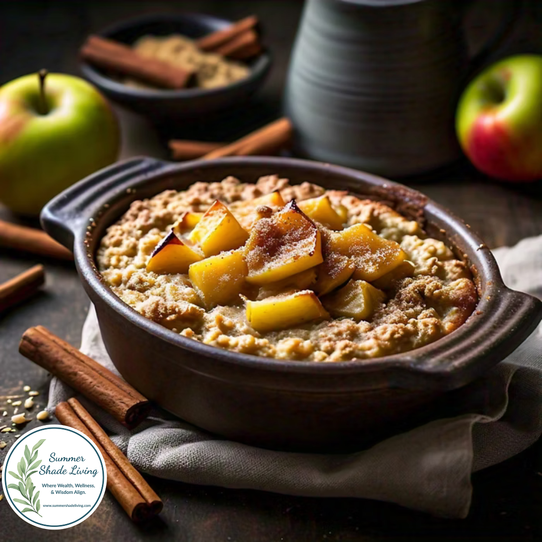 Apple Cinnamon Baked Oatmeal Recipe in a rustic baking dish topped with fresh apple chunks and surrounded by cinnamon sticks.