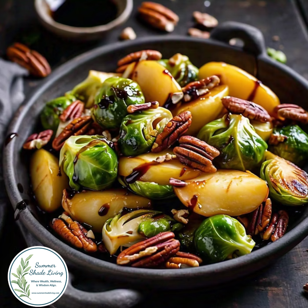 A rustic black bowl filled with roasted Brussels sprouts, golden apple slices, and toasted pecans, all drizzled with a rich balsamic glaze. 