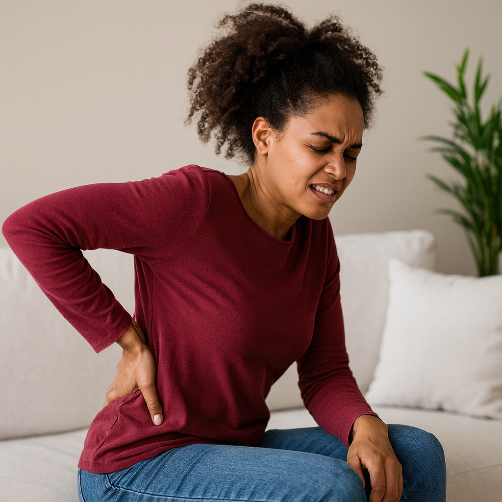 Woman sitting on a couch with a pained expression, holding her lower back as if experiencing back pain.