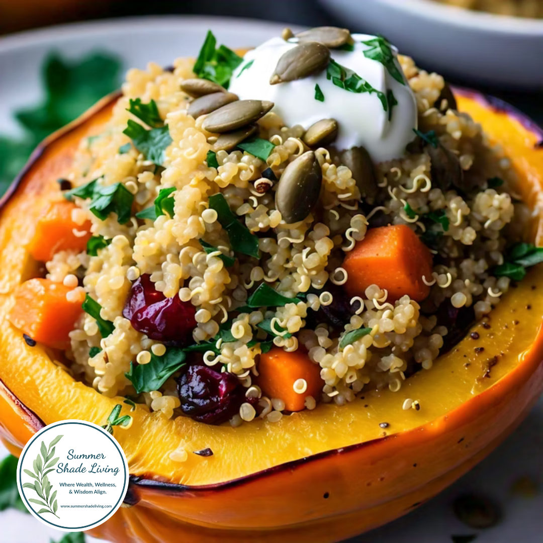 A roasted acorn squash half filled with quinoa, cranberries, spinach, and walnuts, topped with crumbled feta and a dollop of yogurt, served on a white plate with rustic fall accents and the Summer Shade Living logo in the corner.