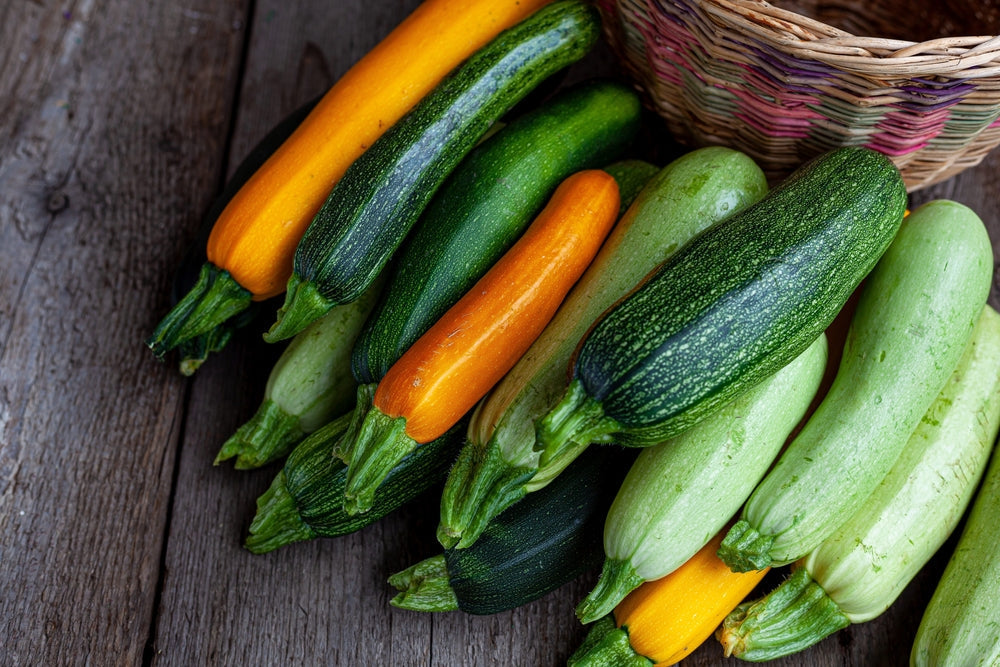 A colorful assortment of fresh zucchini in various shades of green and yellow, arranged next to a woven basket on a rustic wooden surface.